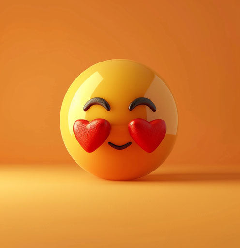 Smiling cartoon face with two hearts, orange and maroon