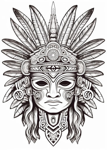 White mask of a Native American tribe with headdress and feathers