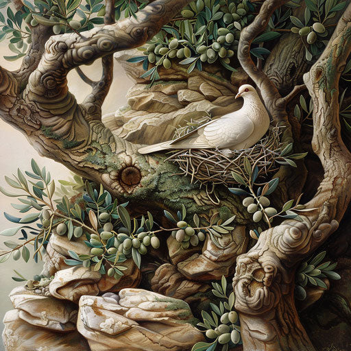 Natural scene with a peaceful dove nesting in an olive tree