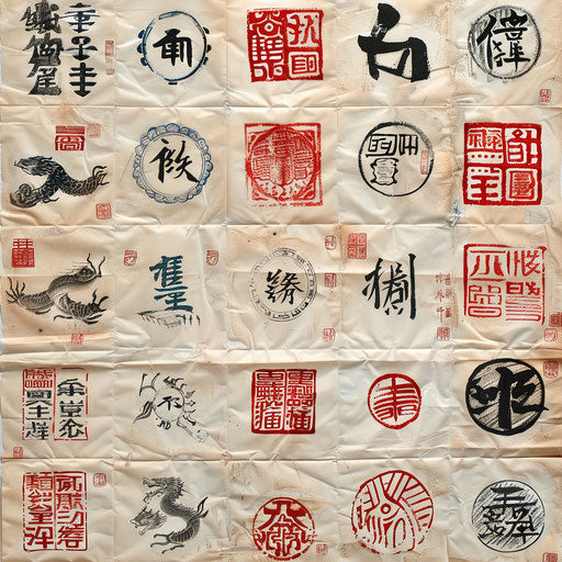 Chinese seals and unique stamps, tattoo sketches on white parchment