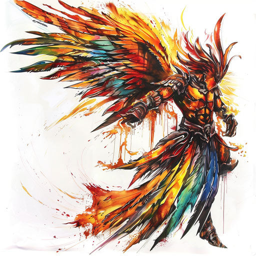 Colorful and vibrant guardian angel tattoo on white backdrop