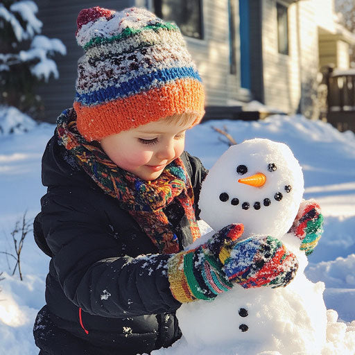A child building a snowman in the front yard