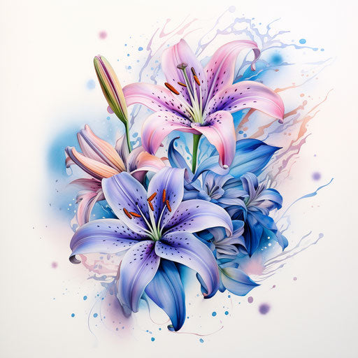 Flower and lilies tattoos, light magenta and blue style