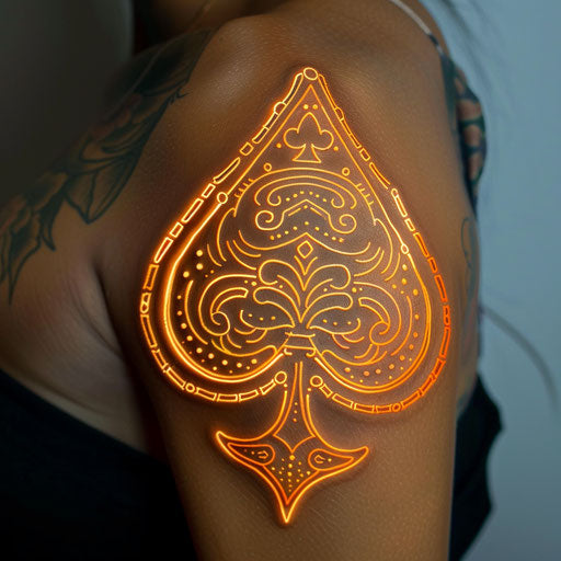 Neon queen of spades tattoo on white background