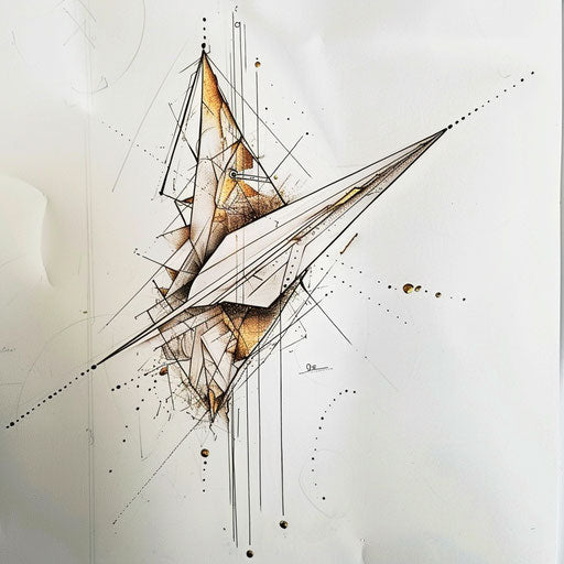 Elegant sketch of a paper airplane with fine line details in gold ink