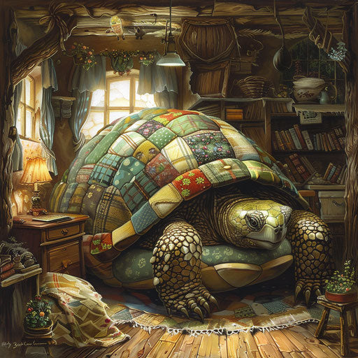 A turtle with a patchwork quilt shell in a cozy cottage