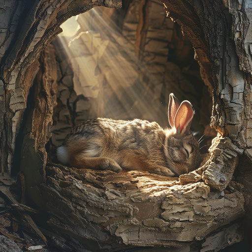 Rabbit taking a peaceful nap inside a hollow log