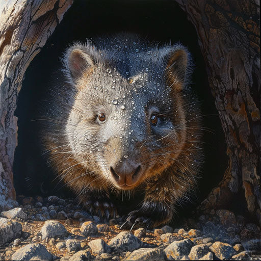 Wombat emerging from burrow in early morning light
