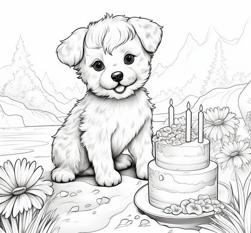 Happy birthday puppy coloring pages, modern artistic style