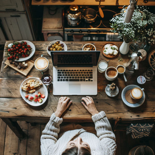 Working on laptop, breakfast and coffee nearby