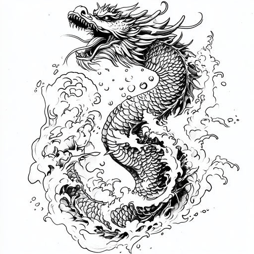 Bold black tribal dragon tattoo sketch with water waves