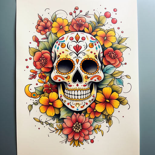 Sugar skull tattoo with flowers and leaves, light yellow and red style, cartooncore