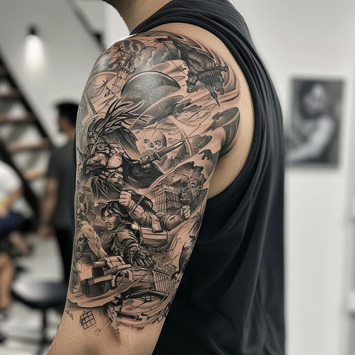 Half sleeve tattoo for men in the style of Humberto Ramos with dynamic action scenes
