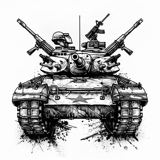 Detailed black ink army tattoo with tank and crossed rifles