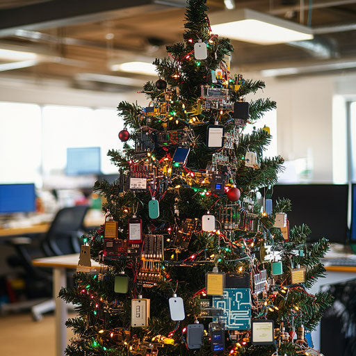 Tech-themed Christmas tree in a startup office
