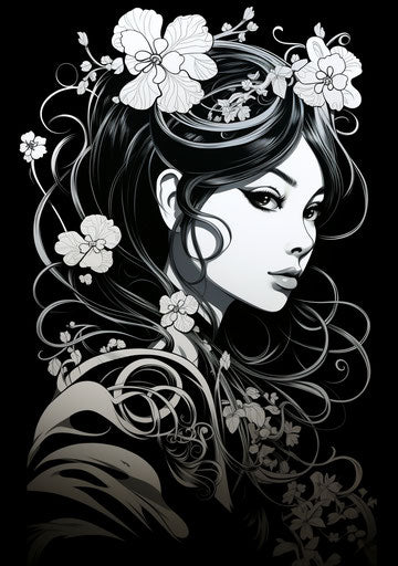 Black and white drawing of a young woman, wiccan style, bold lines