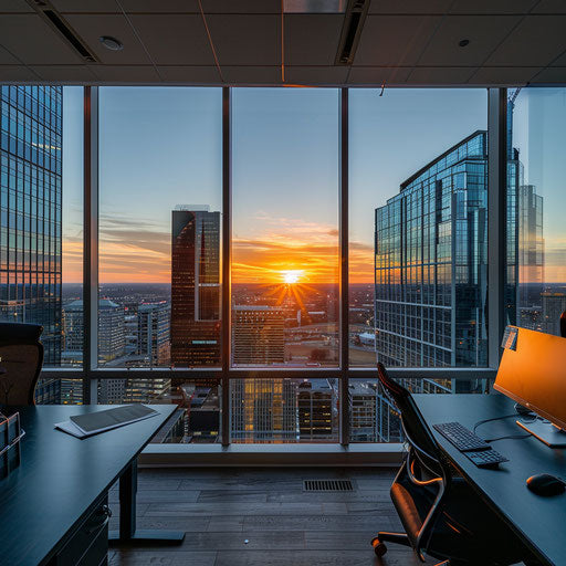 High-rise office with panoramic city views at sunset