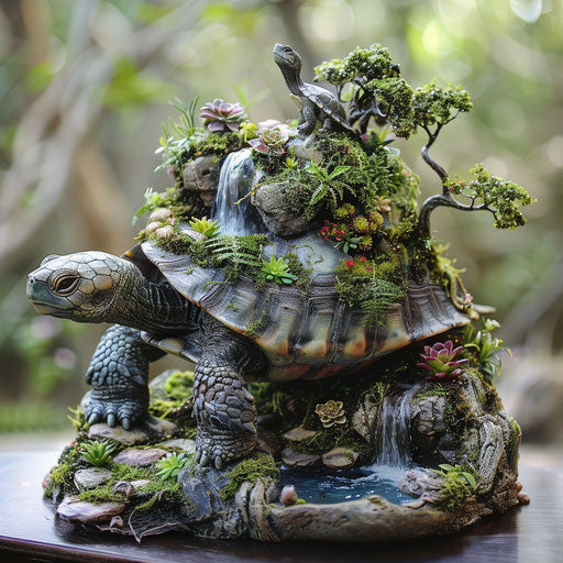 A turtle with a garden on its shell