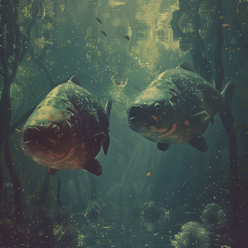 Serene and poetic underwater scene with piranha fish