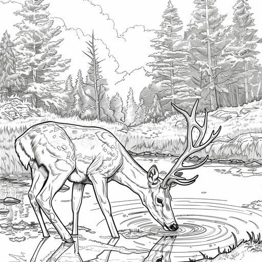 Deer drinking from pond, scenic background