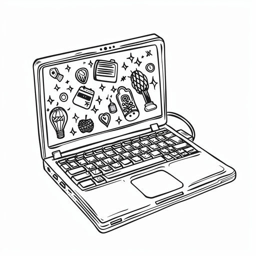 Laptop with stickers. Coloring book page