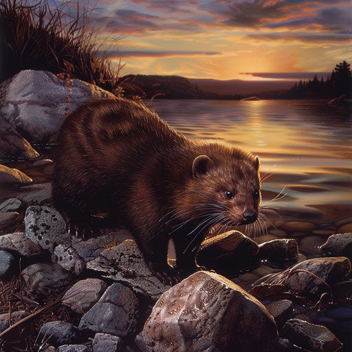 The wild otter exploring the lake shore at dawn