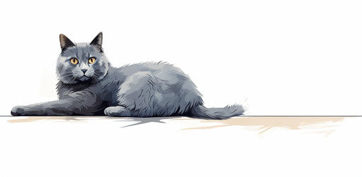 Grey cat on white background, light indigo and light amber style