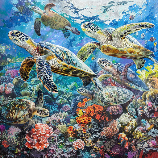 Gathering of hawksbill sea turtles at vibrant coral reef