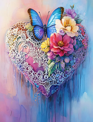 Colorful heart with lace and flowers, butterfly in the background, pastel colors