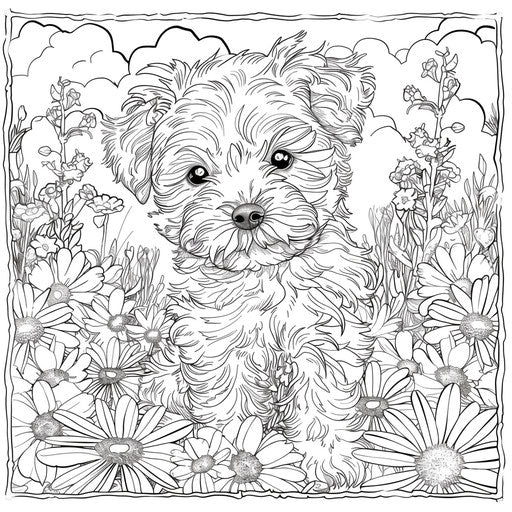 Adorable puppy in a field of flowers. Coloring book page
