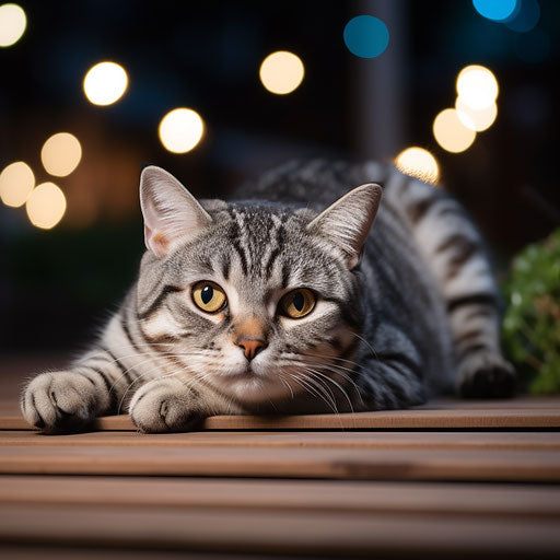 American shorthair cat lying outside at night