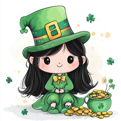 Cute girl in green with Irish hat next to pot of gold coins