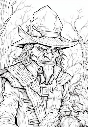 Scarecrow coloring in orange, magenta, light sky-blue