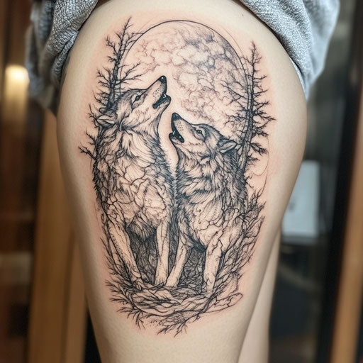 Father son tattoos of two intertwined wolves howling at the moon