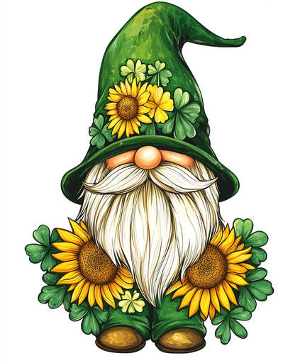 Saint Patrick's Gnome, green hat with shamrocks and sunflowers