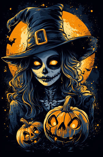 Witch with moon, pumpkins, and glowing eyes