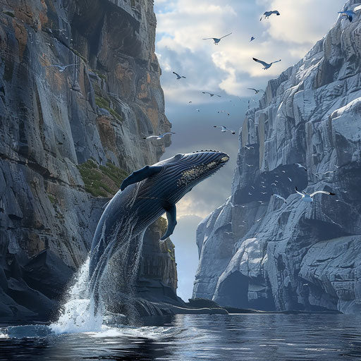 Blue whale leaping in front of rugged cliff in Norway