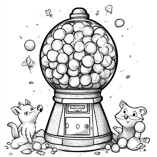 Gumball dispenser with cheerful animals Andy Marlette style