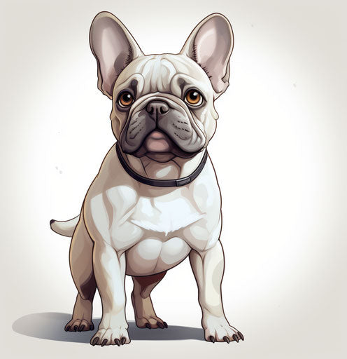 Cartoon French bulldog on white background, powerful symbolism