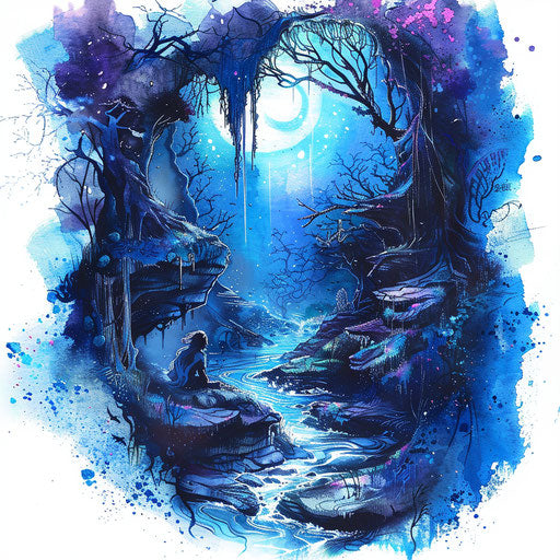 Exploring a mystical cave in blues and purples