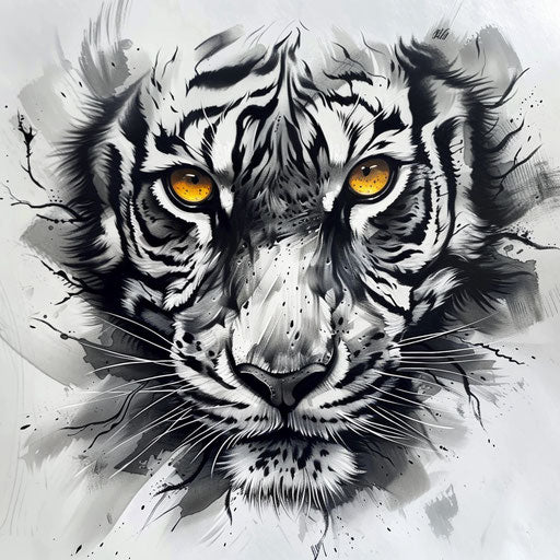 Ethereal tattoo sketch in flat style, featuring tiger eyes in silver and gray shades
