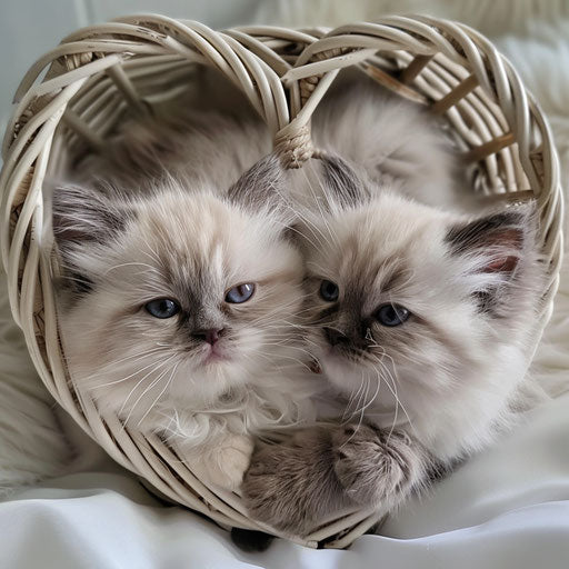 Two Himalayan kittens cuddling in a heart-shaped basket