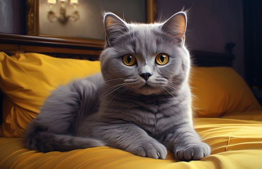 Gray cat on yellow pillow, with yellow eyes, light purple and light brown style, exaggerated facial features