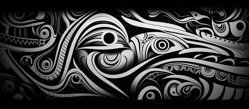 Tribal black and white art, in avian-themed, Maori style