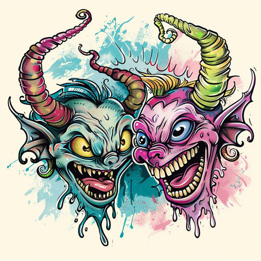 Vibrant flat tattoo sketch of a laughing devil and a serene angel