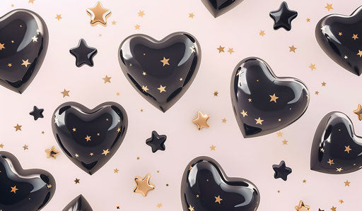 Flying black hearts with golden stars, playful cartoon style