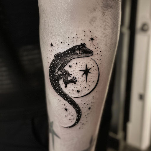 Bold and dark flat tattoo sketch with a gecko silhouetted against the moon