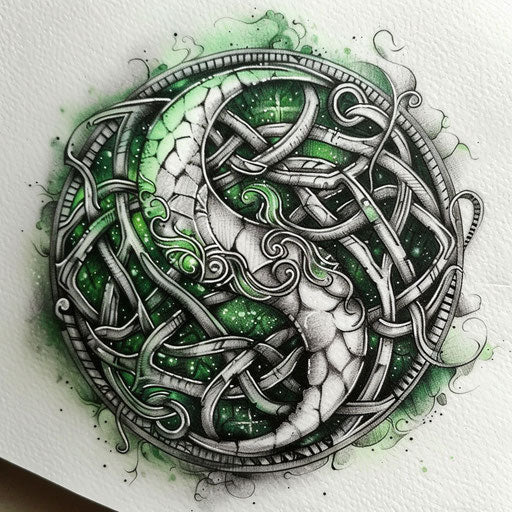 Intricately detailed green and black Celtic knot yin and yang tattoo design