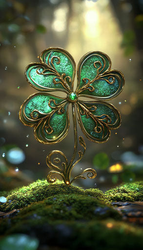 Golden Irish shamrock surrounded by moss