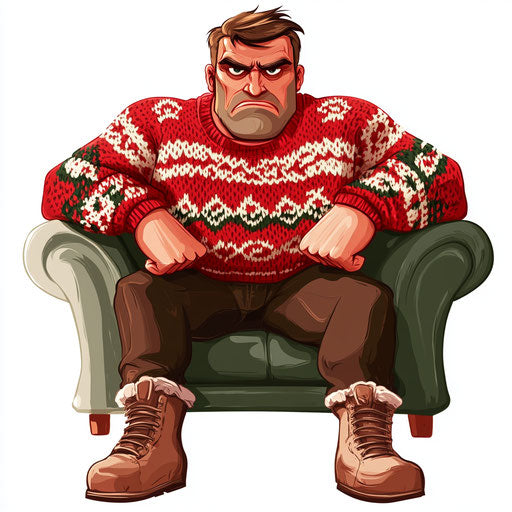 Humorous caricature of an ugly christmas sweater with human characteristics, exaggerated thick eyelashes, muscular legs, sitting on a couch, vibrant colors, cartoon style, angry, high-resolution, no background, isolated